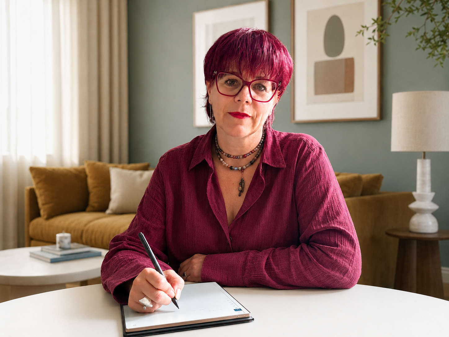 Lobke Opsteen aan tafel, schrijvend op een tablet